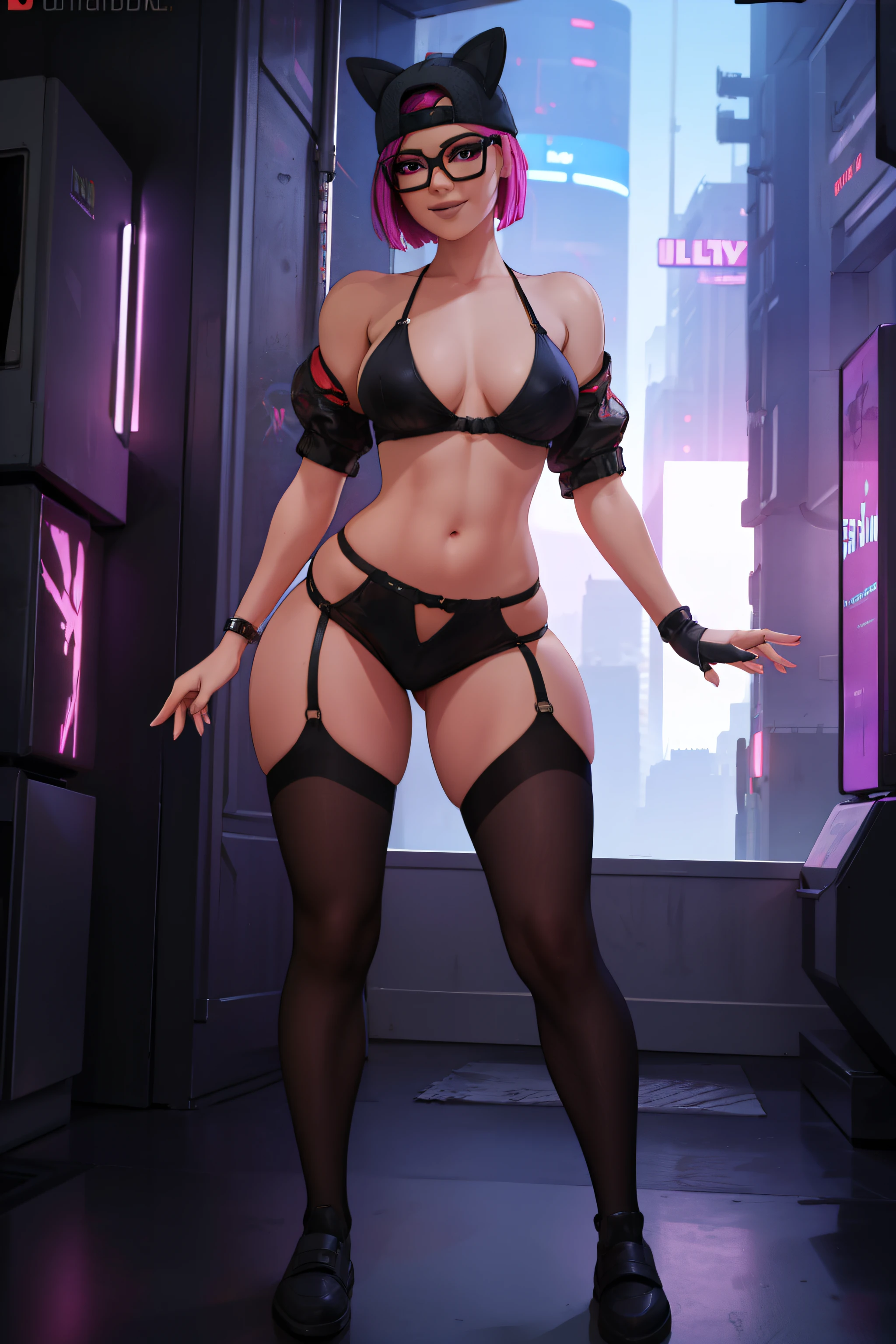 (masterpiece), (best quality), standing, (solo), looking the viewer, cyberpunk, high detailed,extremely detailed,shorts with black stockings,pink bikini, fine eyes, smile,dynamic pose, short pink hair,cap,fingerless glove,glasses.