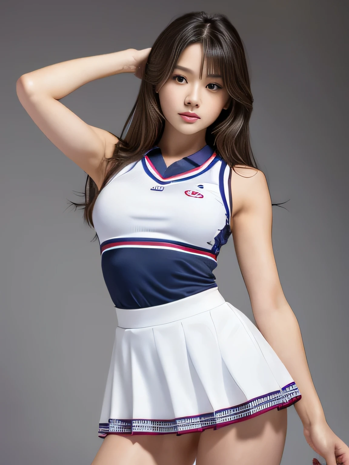 highest quality, masterpiece, Ultra-high resolution, (Realistic:1.4), RAW Photos, 32K Portrait, Very detailed, Cowboy Shot, Dynamic pose,
One girl, 16 years old, mini skirt、The most famous Japanese idol、Japan's most popular cheerleader, Wearing only a white sleeveless cheerleader uniform, An innocent smile, View your viewers, Upturned buttocks,
Very cute face, Stunningly beautiful big black eyes, Very beautiful hair, Very beautiful lips, Very beautiful skin, Very beautiful breasts, Very beautiful body, Very beautiful arms, Five perfect fingers, Very beautiful buttocks, Very beautiful thighs,
Detailed face, Fine grain, Detailed Hair, Detailed lips, Detailed Skin, Detailed body, Detailed Weapons, Detailed five fingers, Detailed white sleeveless cheerleader uniform, Detailed hips, Thigh details