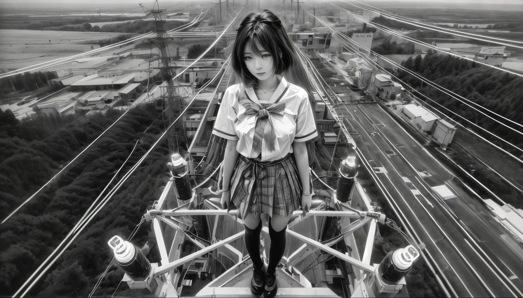 A fifty-year-old girl standing on a high-voltage tower, by Yukihiko Yasuda, by Ayami Kojima, Anaglyph Effect Ayami Kojima, by Torii Kiyomoto, Japanese girl , Japanese , by Kiyohara Tama, by Narashige Koide, by Hiroyuki Tajima, A mix of anime style and Fujifilm