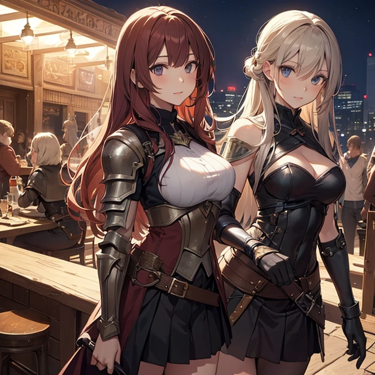 A group of female medieval fantasy adventurers, (in tavern), various hair styles, harem, night, details face, short skirt, seducing, sleeveless, armor