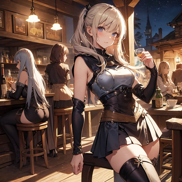 A group of female medieval fantasy adventurers, (in tavern), various hair styles, harem, night, details face, short skirt, seducing, sleeveless, armor