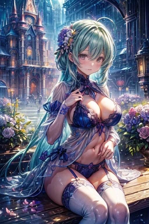 (((Like the picture:1.5))),((最high quality、8k、16K、masterpiece:1.3)),high resolution、最high resolution、最high quality、high quality、8 Slender Body、Beautiful poopボディーライン、Beautiful poop女性、huge 、Sexy Style、Show off your cleavage、Emphasize the chest、(One Girl:1.4)、Photorealistic:1.4、Official Art、超detailedな、beautifully、aesthetic、Beautiful poop、masterpiece、Showing cleavage、underwear、hugeな胸の胸)、sexy underwear、garter belt、Enamel Bondage Costume、(whole body1:4)、Beautiful poop女性は, (Medium length hair), detailed huge breasts, whole body, Cute smile, (Warm colors), Moist, Moist, Reflective plate, (Tabletop) (Photo Real)(最high quality) (detailed) , (8k) (wallpaper) (Cinema Lighting) (Studio Lighting) (Complex) fashion, The flower arch is so fantastical and dreamy., Gorgeous, Fantastic fairy tale, A rich pastel color palette, Fantastic and dreamy theme, 夢のようなdetailed, Fairy tale setting:, (((A building with lots of flowers)))、Anime fantasy artwork, Anime fantasy illustration, Beautiful poopアートワークのイラスト, Beautiful poopアニメアートwork, Exquisite digital art, Complexな華やかなアニメCGIスタイル, Anime Art Nouveau Space Display, Beautiful poopアニメアート, Beautiful poopデジタル芸術作品, Beautiful poopファンタジーアニメ, detailed anime artwork, detailed Digital Anime Art, Dreamy psychedelic anime、Sexy Lingerie、