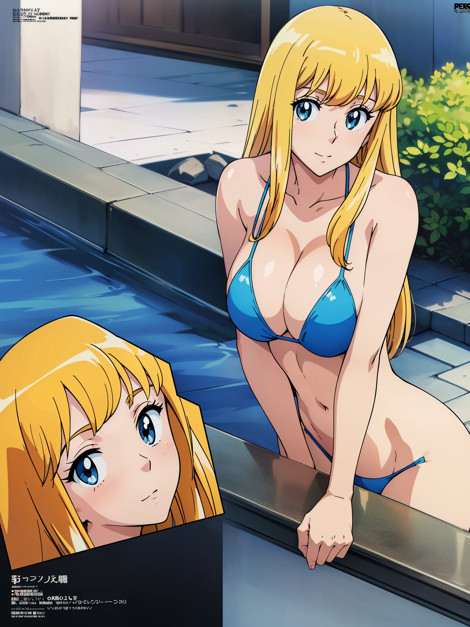 (anime cels style, Masterpiece, best quality, high resolution, anime colored, megami magazine:1.2, anime poster style, anime keyvisual, sharp, 8k, photorealistic), (beautiful eyes:1.5), reiko_aiwaifu, 1girl, blond hair, long hair, (sagging huge breast), (beautiful nude), bikini, cleavage, (upper body:1.3), sitting, (perfect detailed anatomy, perfect arms, perfect fingers, beautiful face, perfect body, shiny skin), onsen, 