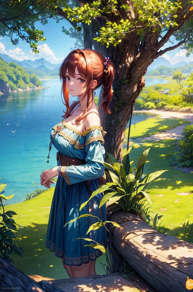 masterpiece, best quality, (Very detailed CG unified 8K wallpaper) (best quality), (Best Illustration), (Best shadows) Vibrant colors, jungle, water, Natural Beauty, An oasis of tranquility , Cherry tree, Blue Sky Ray Tracing, Ultra Detailed