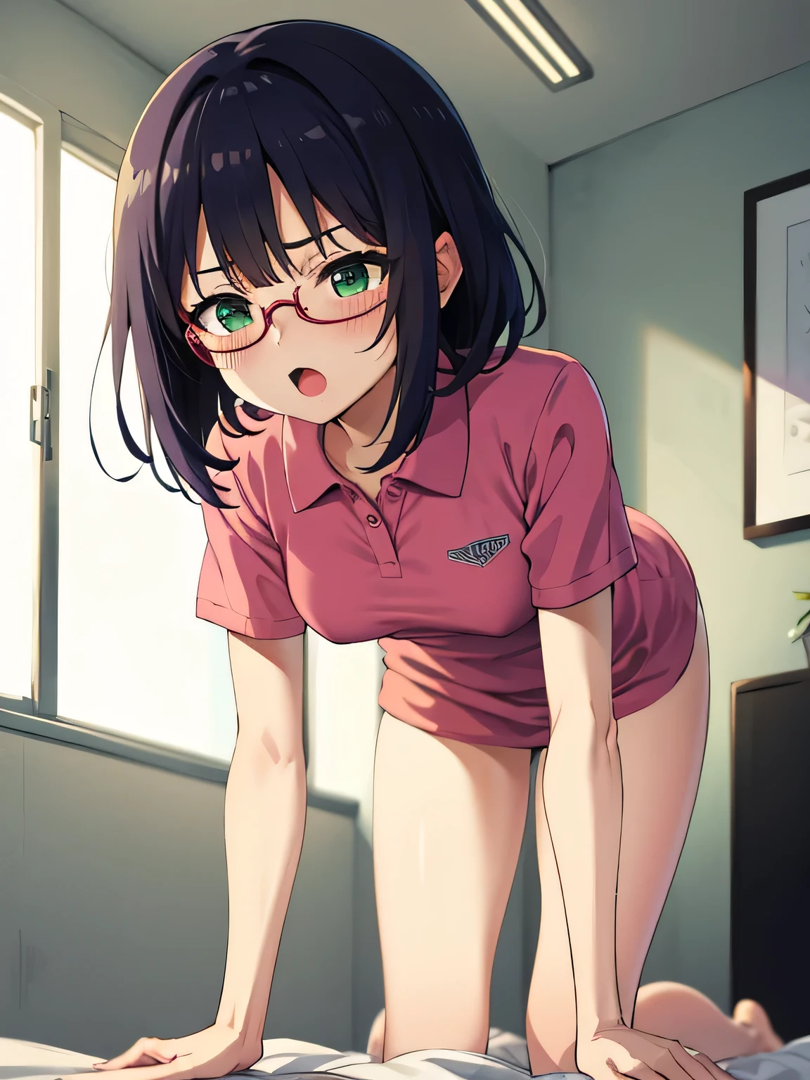 Pervert Glasses Bending over Kneeling Green eyes On all fours , Wearing a shocking pink polo shirt, naked, Adult female, The exact number of fingers、 Exact number of legs、Exact number of arms、, Short hair Black hair, (blush:1), (Small breasts:1),highest quality, High resolution,Highly detailed face, Extremely detailed CG, (Perfect hands, Perfect Anatomy),Hospital examination room dynamic angle mouth open tongue out man behind man around man