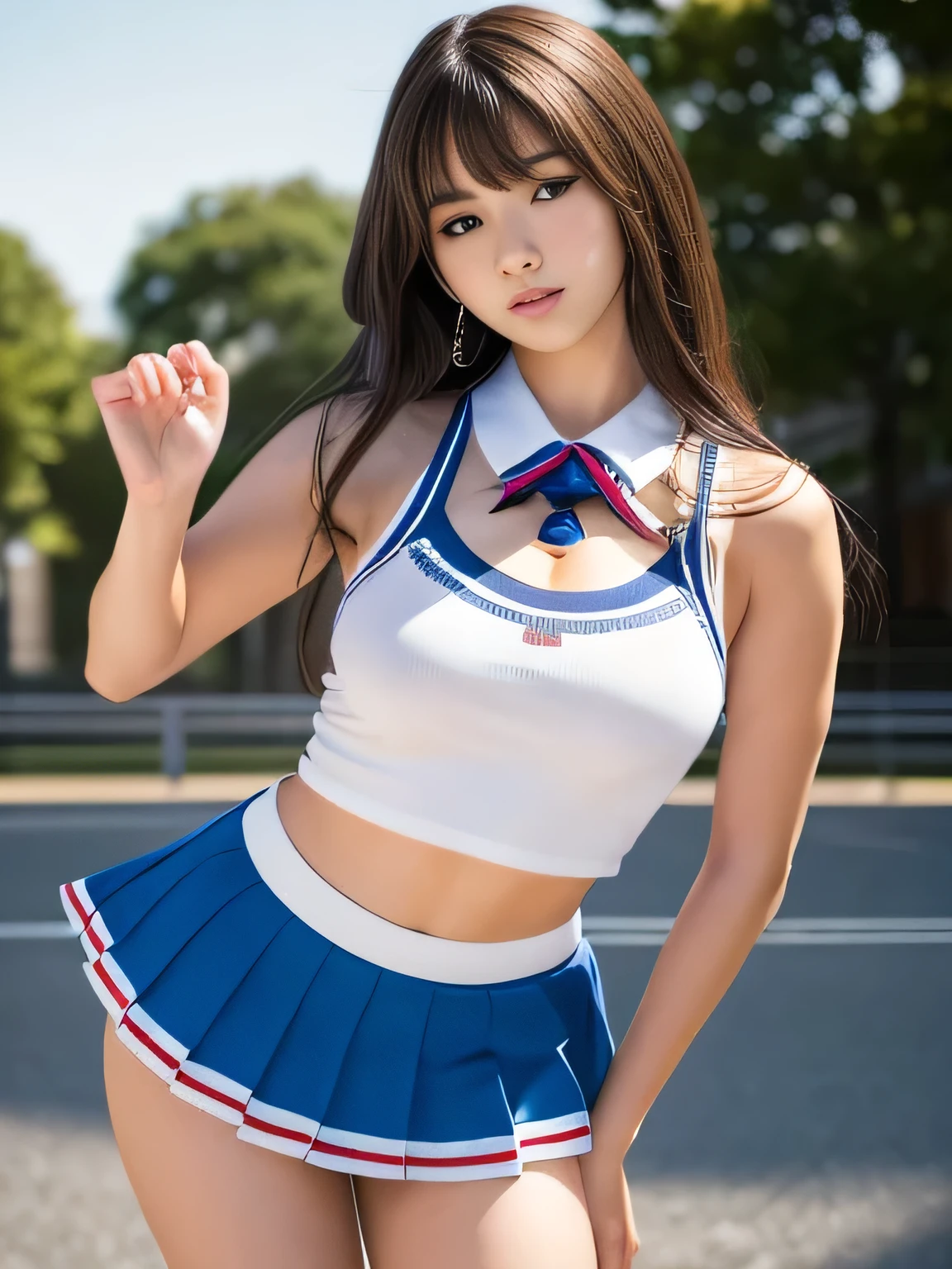 highest quality, masterpiece, Ultra-high resolution, (Realistic:1.4), RAW Photos, 32K Portrait, Very detailed, Cowboy Shot, Dynamic pose,
One girl, s old, mini skirt、The most famous Japanese idol、Japan's most popular cheerleader, Wearing only a white sleeveless cheerleader uniform, An innocent smile, View your viewers, Upturned buttocks,
Very cute face, Stunningly beautiful big black eyes, Very beautiful hair, Very beautiful lips, Very beautiful skin, Very beautiful breasts, Very beautiful body, Very beautiful arms, Five perfect fingers, Very beautiful buttocks, Very beautiful thighs,
Detailed face, Fine grain, Detailed Hair, Detailed lips, Detailed Skin, Detailed body, Detailed Weapons, Detailed five fingers, Detailed white sleeveless cheerleader uniform, Detailed hips, Thigh details
