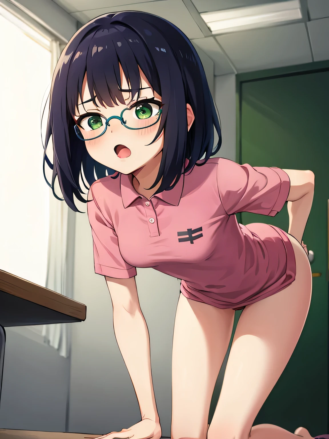 Pervert Glasses Bending over Kneeling Green eyes On all fours , Wearing a shocking pink polo shirt, naked, Adult female, The exact number of fingers、 Exact number of legs、Exact number of arms、, Short hair Black hair, (blush:1), (Small breasts:1),highest quality, High resolution,Highly detailed face, Extremely detailed CG, (Perfect hands, Perfect Anatomy),Hospital examination room dynamic angle mouth open tongue out man behind man around man