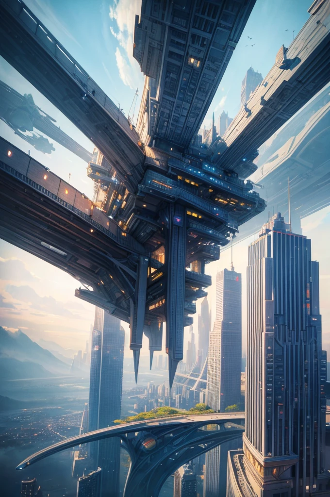 Creating futuristic surrealist artwork, Imagine a city floating in the sky, Complex building structure，advanced technology. Describe this futuristic city in rich detail, Capturing bright lights, The suspended platforms and aircraft crisscrossing the sky.  