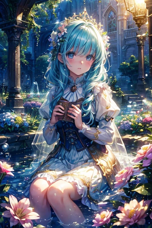 (high quality, 8k), (Soft Light), Iridescent, One Girl, Detailed face, Beautiful Eyes, watercolor paiting, So magical and dreamy, Dreamy details, Dreamy atmosphereとドラマ, Gorgeous atmosphere, Fantastic and beautiful lighting, Dreamy atmosphere, Beautiful atmosphere, Dreamy Romantic, Fantastic and dreamy theme, Magical atmosphere, Beautiful atmosphere, Anime Background Art, Magical atmosphere + Tabletop, Dreamy aesthetics, Beautiful details with atmosphere, Lots of flowers, bubble, water, garden, Sit on the ground, Shining Eyes
