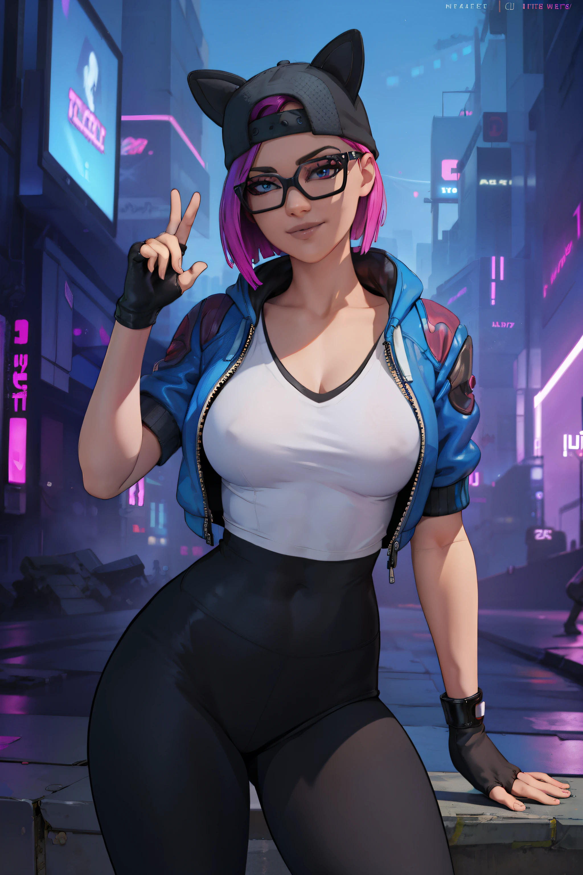 (masterpiece), (best quality), standing, (solo), looking at viewer, cyberpunk, high detailed,extremely detailed, fine eyes, smile,dynamic pose, short pink hair,cap,loose black v neck t shirt, jacket,fingerless glove,curvy,glasses,(black and blue leggings),(portrait:1.2),