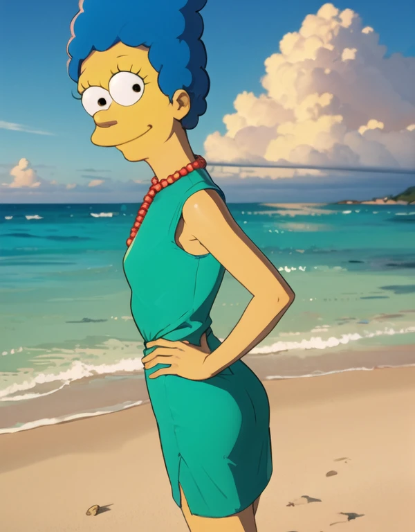 1girl, yellow skin, slim body, medium breasts, wide hips, blue hair, voluminous hair, red beaded necklace, hands on hips, standing confidently, Marge Simpson,  ocean, palms, sand, sun, clouds, smiling, red sandals, looking at viewer, solo, blue hair, standing, vector colors, close up, (green sleeveless dress:1.3), back view, panties lines