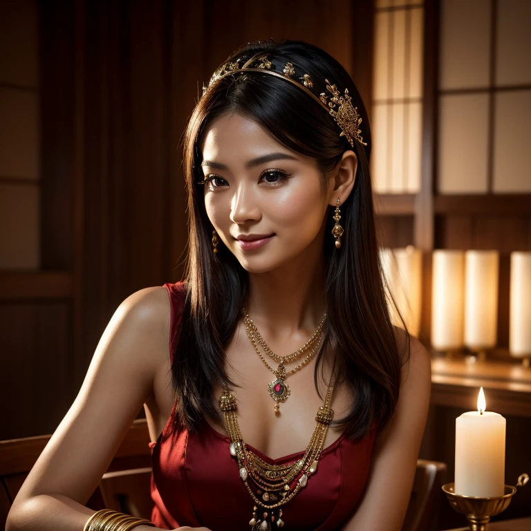 top quality, masterpiece, hi-res, 1 woman, 35 years old, Japanese, western style fortune teller outfit, hair ornament, necklace, jewelry, beautiful face, calm smile, upon_body, Tyndall effect, photorealistic, divination room, candles on table, tarot cards, rim lighting, two tone Lighting, (High Definition Skin:1.2), 8k uhd, DSLR, soft lighting, high quality, volumetric lighting, candid, photography, high resolution, 4k, 8k, bokeh