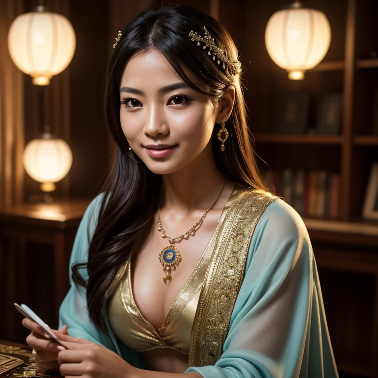 top quality, masterpiece, hi-res, 1 woman, 35 years old, Japanese, western style fortune teller outfit, hair ornament, necklace, jewelry, beautiful face, calm smile, upon_body, Tyndall effect, photorealistic, divination room, candles on table, tarot cards, rim lighting, two tone Lighting, (High Definition Skin:1.2), 8k uhd, DSLR, soft lighting, high quality, volumetric lighting, candid, photography, high resolution, 4k, 8k, bokeh