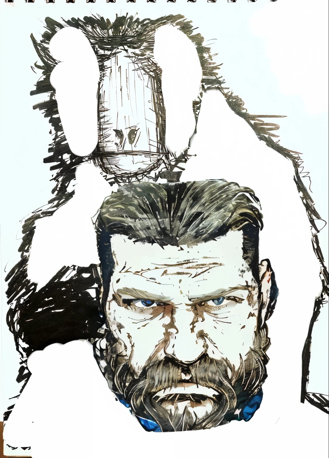 a middle aged veteran of war with a beard, army haircut, blank white blind eyes, looks dangerous, menacing, photorealistic, Louisiana vibe, voodoo, kodak, arri alexa, blue hour