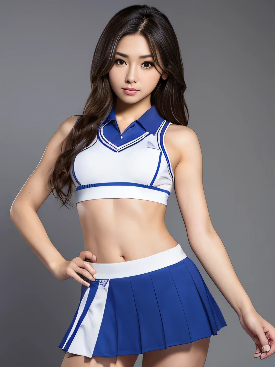 highest quality, masterpiece, Ultra-high resolution, (Realistic:1.4), RAW Photos, 32K Portrait, Very detailed, Cowboy Shot, Dynamic pose, 

One girl, 16 years old, mini skirt、The most famous Japanese idol、Japan&#39;s most popular cheerleader, Wearing only a white sleeveless cheerleader uniform, An innocent smile, View your viewers, Upturned buttocks, 

Very cute face, Stunningly beautiful big black eyes, Very beautiful hair, Very beautiful lips, Very beautiful skin, Very beautiful breasts, Very beautiful body, Very beautiful arms, Five perfect fingers, Very beautiful buttocks, Very beautiful thighs, 

Detailed face, Fine grain, Detailed Hair, Detailed lips, Detailed Skin, Detailed body, Detailed Weapons, Detailed five fingers, Detailed white sleeveless cheerleader uniform, Detailed hips, Thigh details