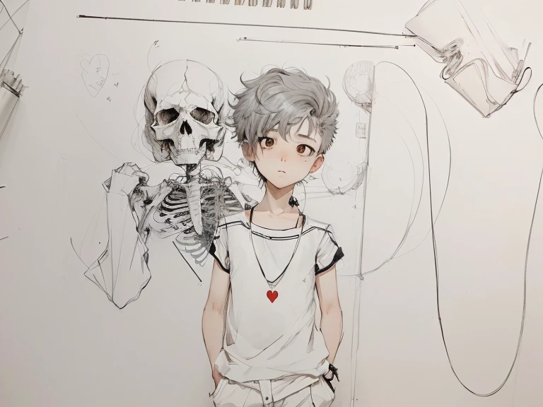 sketches of a boy and a skeleton with red heart, inspirado em Ito Ogura Yonesuke, inspirado em Yumihiko Amano, em estilo anime, inspirado em Shinji Aramaki, no estilo anime, por Yanagawa Nobusada, in the art style of 80s anime, inspirado em Eiichiro Oda, arte detalhada