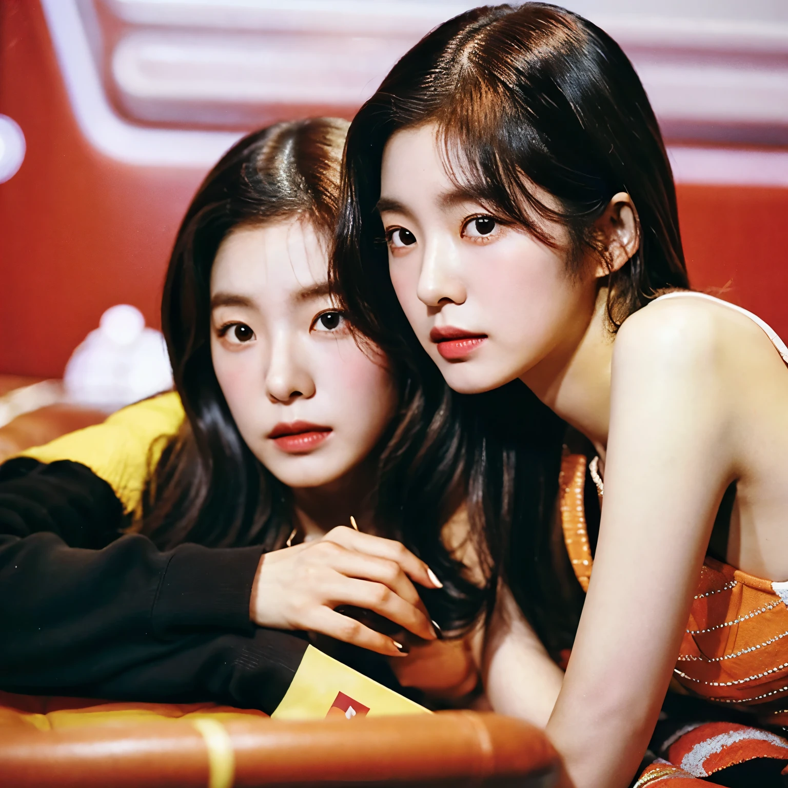 a close up of a person sitting on a chair with a woman, a picture by Tadashi Nakayama, tumblr, neoism, jinyoung shin, taejune kim, comme des garcon campaign, photo from vogue magazine, magazine photo, official photos, photoshoot, jia, ulzzang, jung jaehyun, daoshi, rei kawakubo artwork