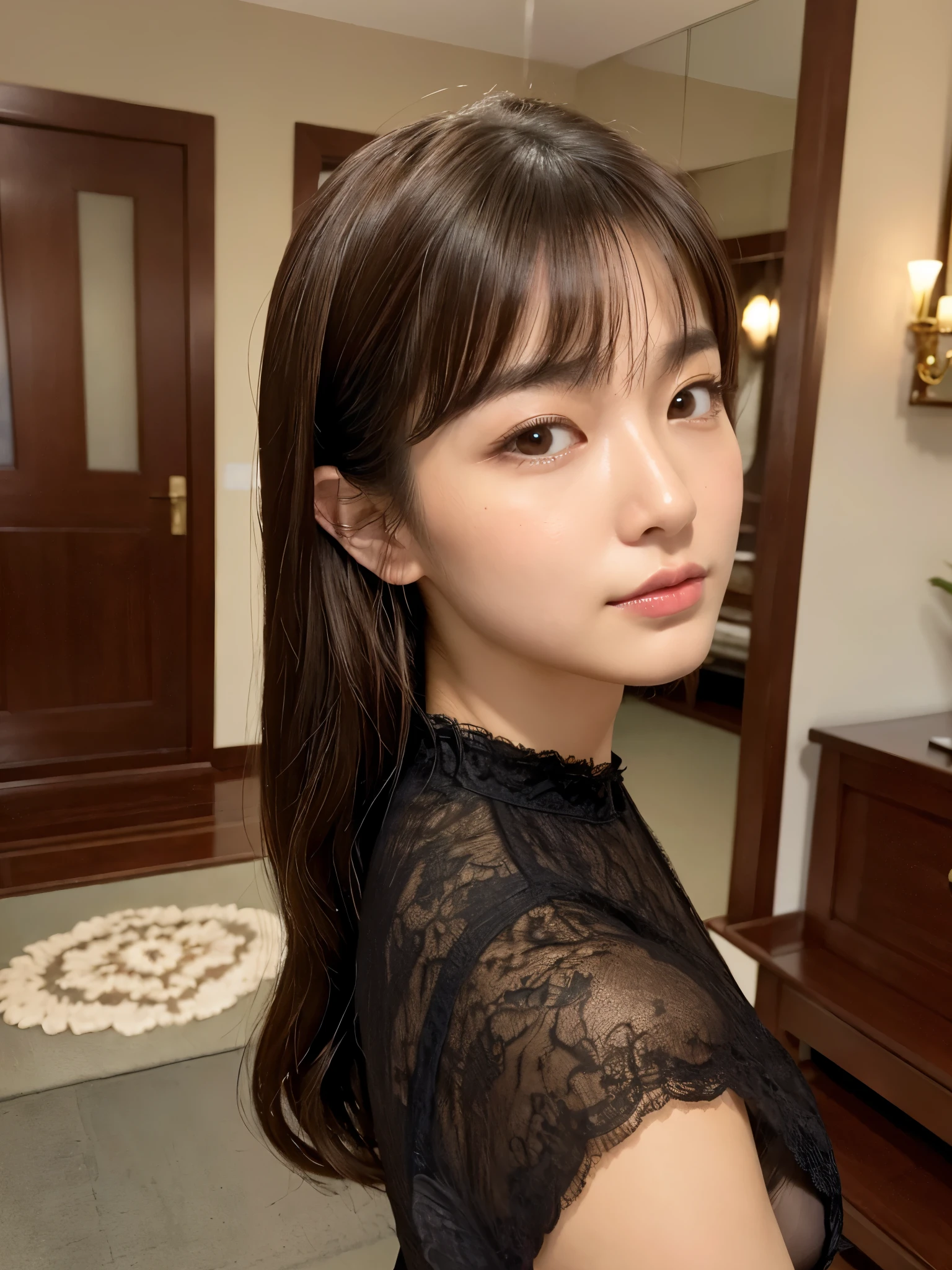 (Highly realistic photos, High resolution, Detailed face, Fine grain), ((Inside the roomで撮影))、Japanese women, 20-year-old, A variety of expressions, alone:1, Glamorous figure,Big breasts Various hairstyles, Sexy Outfits, 写真の中でalone、Selfie、Inside the room、Looking at the camera、profile、Dark Brown Hair Color