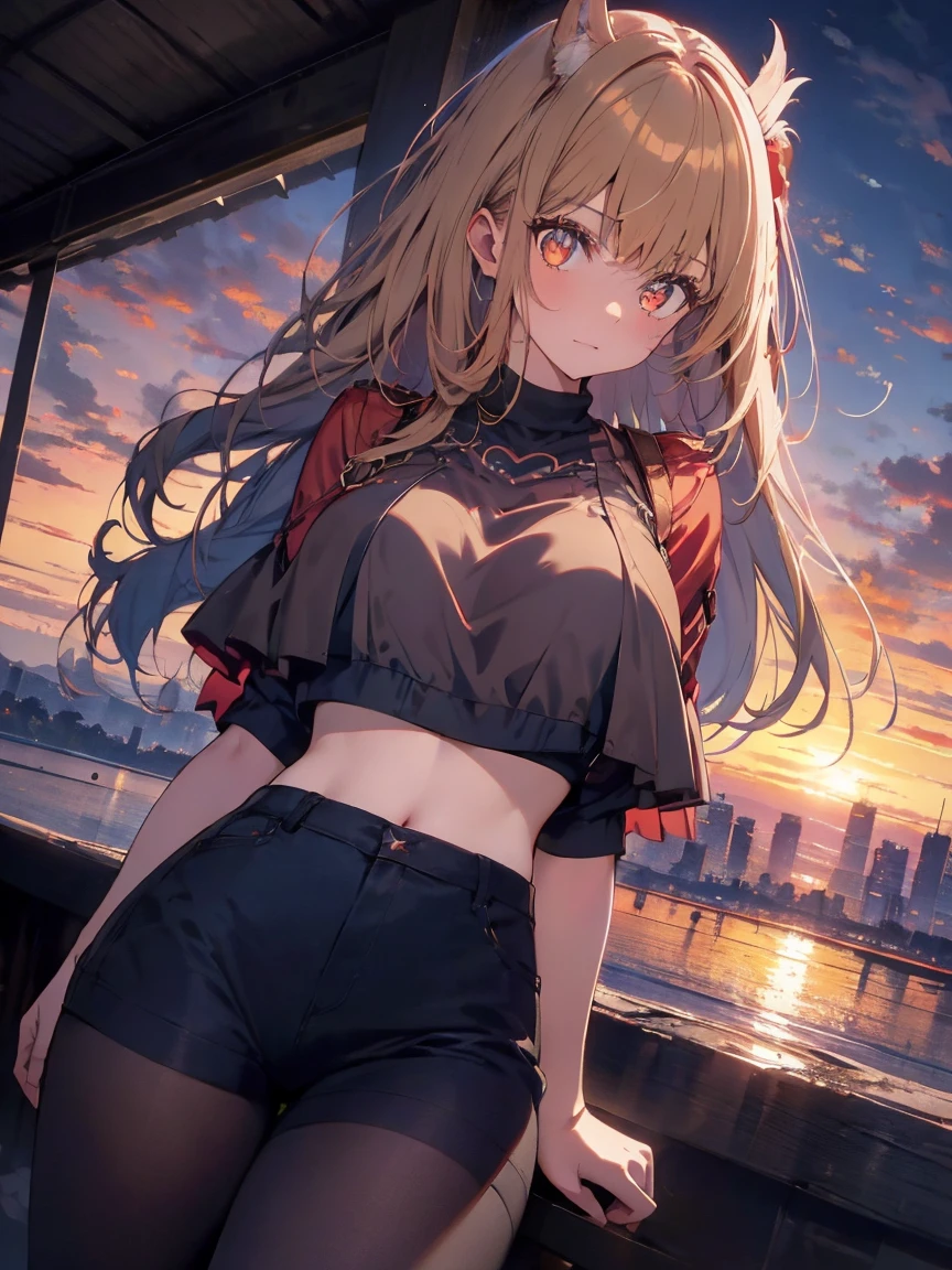 (finely detailed beautiful eyes and detailed face,masterpiece, whole bodyショット, Side light,masterpiece,highest quality,detailed,High resolution illustrations), (One girl, alone, alone) Attractive face and breasts, Large Breasts, sexy
(One girl,whole body,beautiful girl,Shiny skin,Look down,View your viewers),
(Redhead,Sunset Orange Eyes, Cat girl, Ocher Crop Top, Wearing nude black pantyhose)