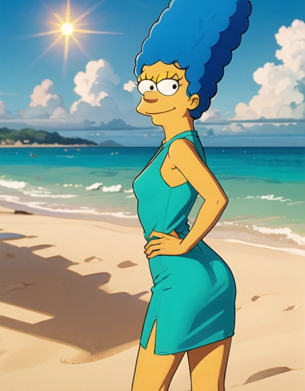 1girl, yellow skin, slim body, medium breasts, wide hips, blue hair, long voluminous hair, hands on hips, standing confidently, Marge Simpson,  ocean, palms, sand, sun, clouds, smiling, red sandals, looking at viewer, solo, blue hair, standing, vector colors, close up, (green sleeveless dress:1.3), back view, panties lines, ass