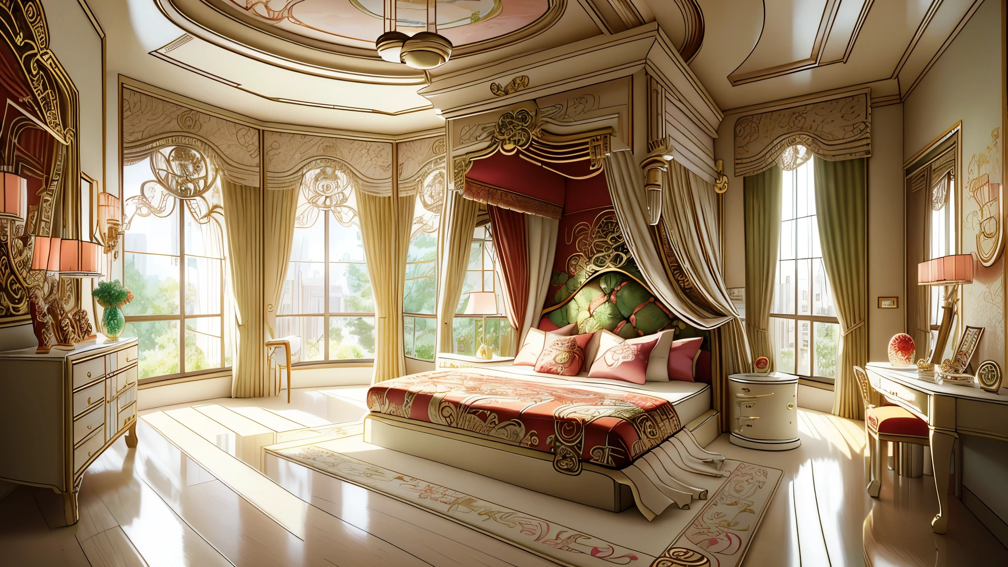(Anime-style: 1.5), Max resolution: 1.3, Ultra HDTV: 1.3, cinematographic light, 10K resolution, Detailed bedroom decorations with bright and luxurious colors, Highly detailed bed with intricate patterns and textures, , Sharp Focus: 1.3, Focus on Scene: 1.3, Anime aesthetic, Beautiful room interior, Anatomically correct,
A bright and luxurious Anime-style bedroom adorned with intricate decorative elements. The bed, a focal point of the room, boasts high-detailed patterns and textures. Through the large window, rain cascades