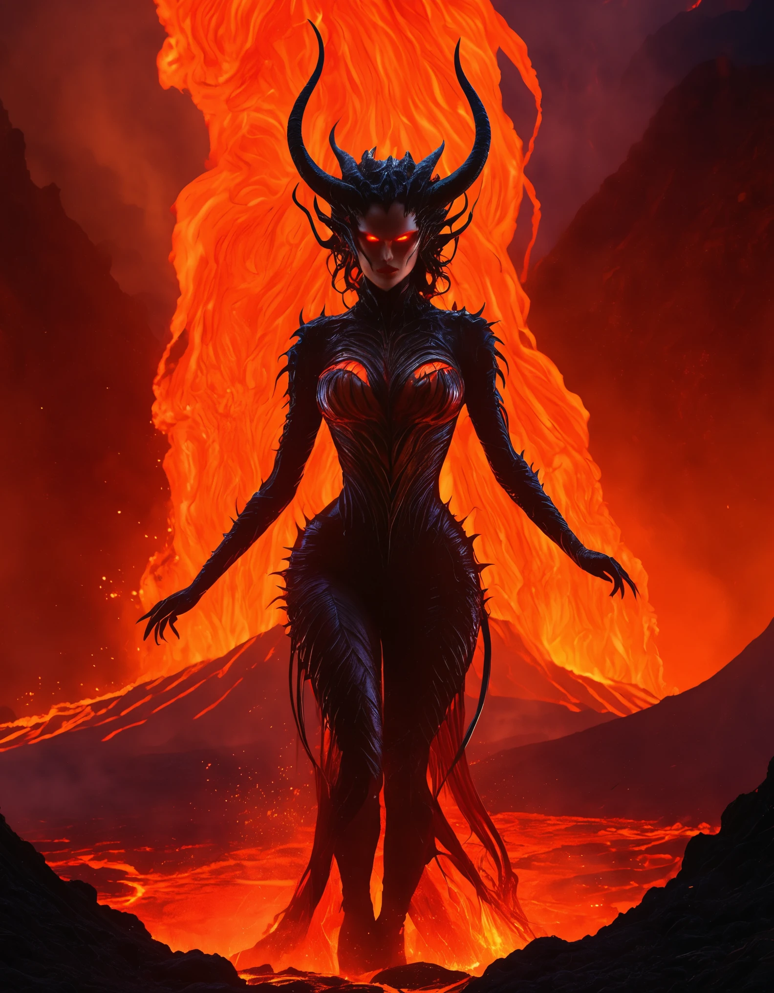 A hell lady standing at the crater of a volcano. The lady body is covered in fiery red and orange hues, with streams of flowing lava running through its veins. The surrounding area is engulfed in flames and smoke, with molten rocks and ash scattered around. The demon's expression is fierce and its eyes are filled with rage and power. The intense heat from the lava and the fiery scene create a dramatic and foreboding atmosphere. The artwork is rendered in high resolution, capturing every intricate detail of the demon's features and the volcanic landscape. The colors are vivid and bold, enhancing the overall impact of the image. The lighting is focused on the demon, casting eerie shadows and highlighting its menacing presence.