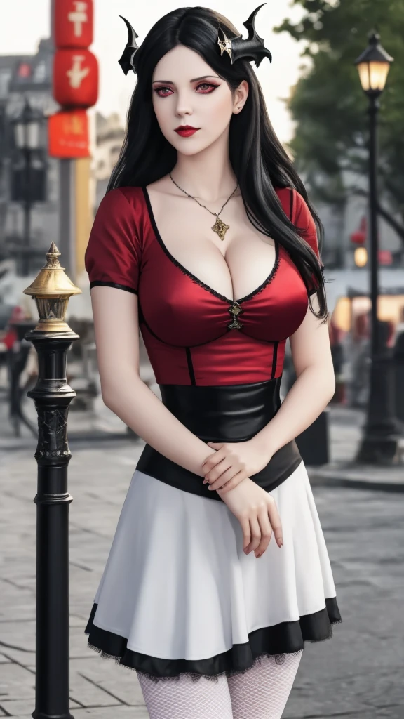 masterpiece, gothic aesthetic, dream atmosphere, ultra realistic, 16k, best quality, absurdres, perfect anatomy, 1girl, goth brunette, voluminous silky hair, goth makeup, bright red eyes (intense look), pale-white skin (highlighted), realistic shading, solo, Caera, red eyes, black t-shirt, large natural breasts cleavage, black mini skirt, tights (realistic textures), pretty seductive, upper body, beautiful girl, happy, lamp, outdoors, street, lamppost, blurred background, cinematic, Photorealistic.