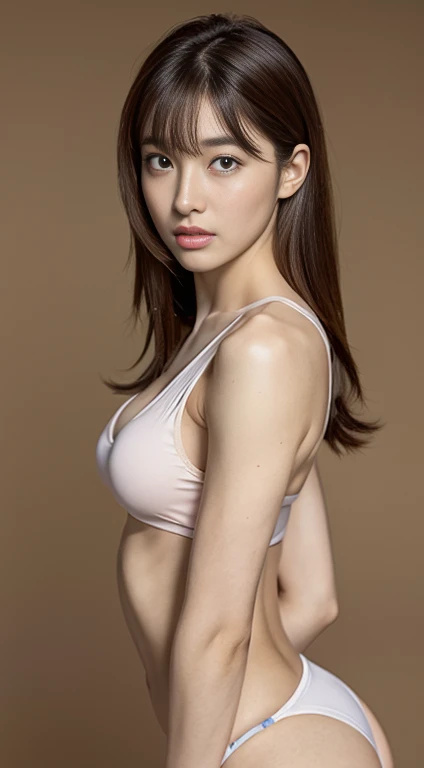 woman, Light brown hair, Blunt bangs, Hair behind the ear, Shoulder hair, Long Hair, Slim figure, Extra-fine face, thin face, Delicate lips, Beautiful eyes, Lightly reddish, eyes are light brown, Fair skin, one person, Very detailed, highest quality, High resolution,Abdominal muscles,Six Pack,whole body,Swimwear,High-nosed,Beautiful legs