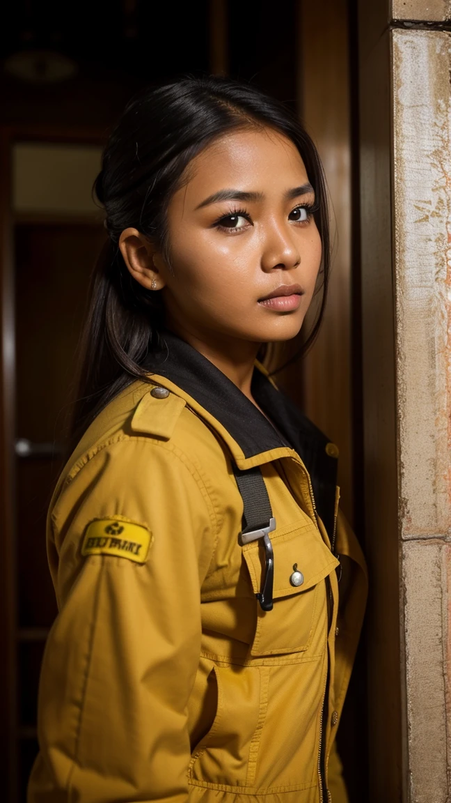 Gorgeous woman, twenty five years old, Indonesian, she is a fire fighter on Indonesian fire fighter unit, she is brave and strong saving a casualties from a burning fire at the house