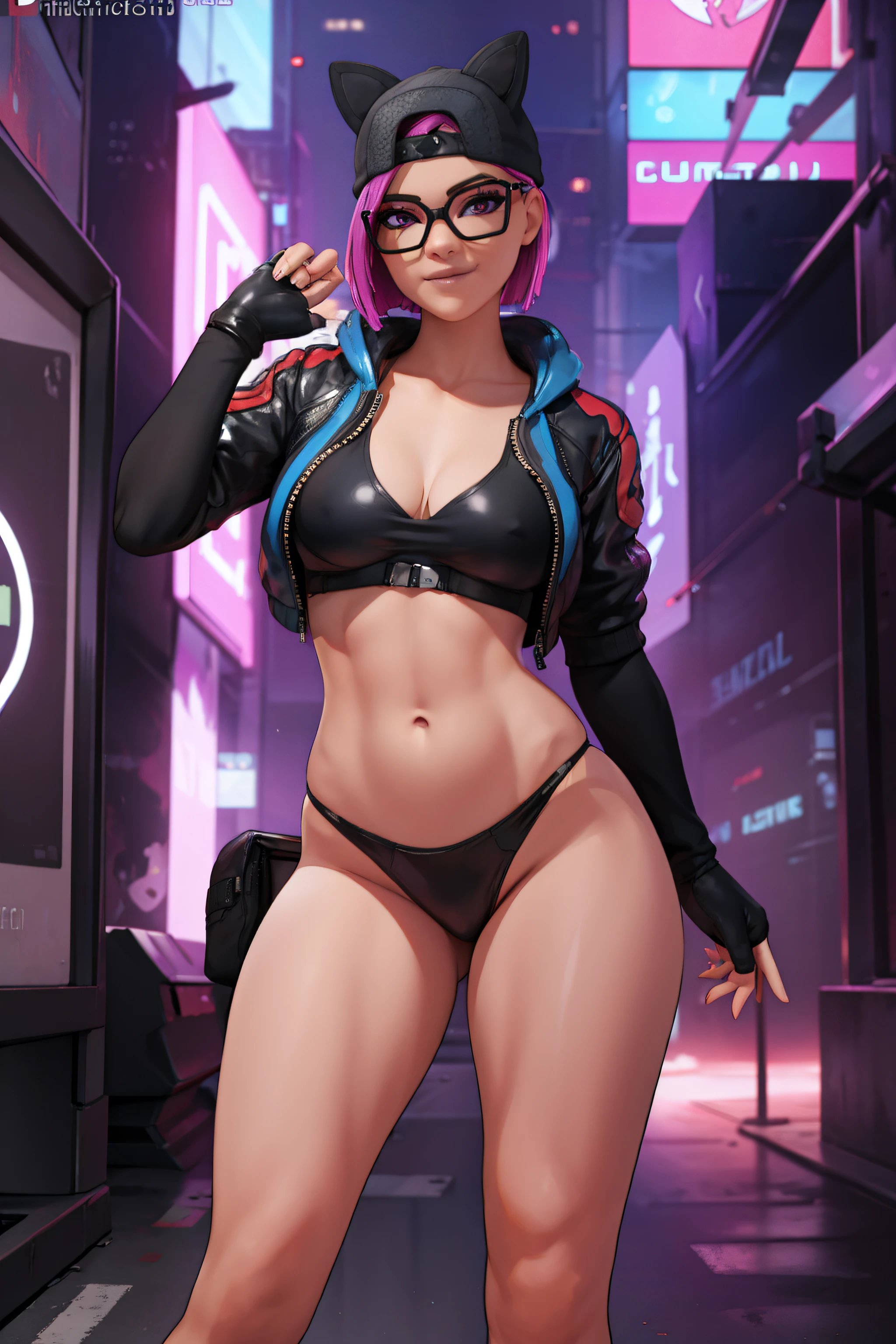 (masterpiece), (best quality), standing, (solo), looking at viewer, cyberpunk, high detailed,extremely detailed, fine eyes, smile,dynamic pose, short pink hair,cap,loose black v neck t shirt, jacket black,fingerless glove,glasses, bikini shots latex 