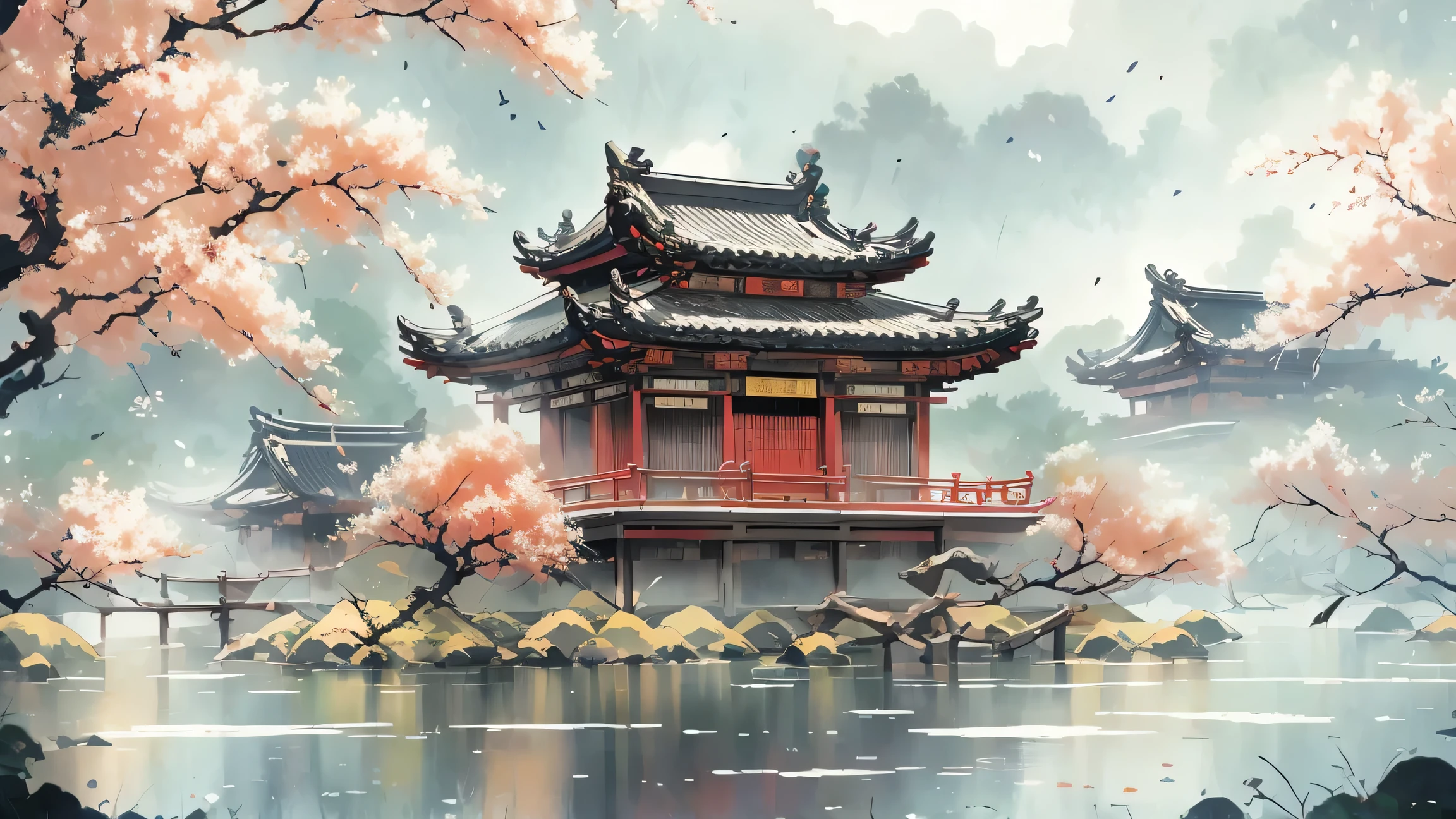 Chinese Architecture，Tea House，Tea House on the second floor，red， Landscape painting ancient style illustration Chinese scenery bare branches tree branches daytime flowers no people ,Antique carved door beams, Carved beams and painted buildings,, masterpiece, Recent quality, The finest details, beauty