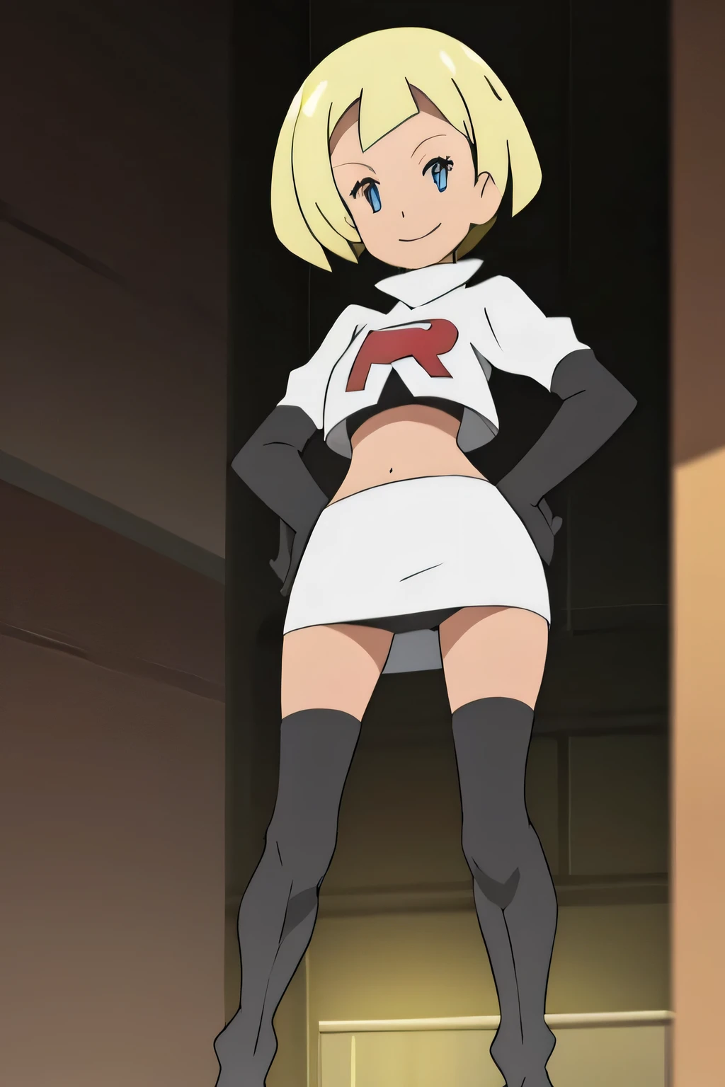 masterpiece,best quality,high res,high quality,8k, masterpiece,highres, team rocket uniform, red letter r, white skirt,white crop top,black thigh-high boots, black elbow gloves, evil smile, looking down at viewer, hands on hips, cowboy shot, zettai ryouiki,spread legs,from below, black panties,anime style, vivid colors, sharp focus, intense lighting,Theresia Caroline,short hair,blonde hair,blue eyes