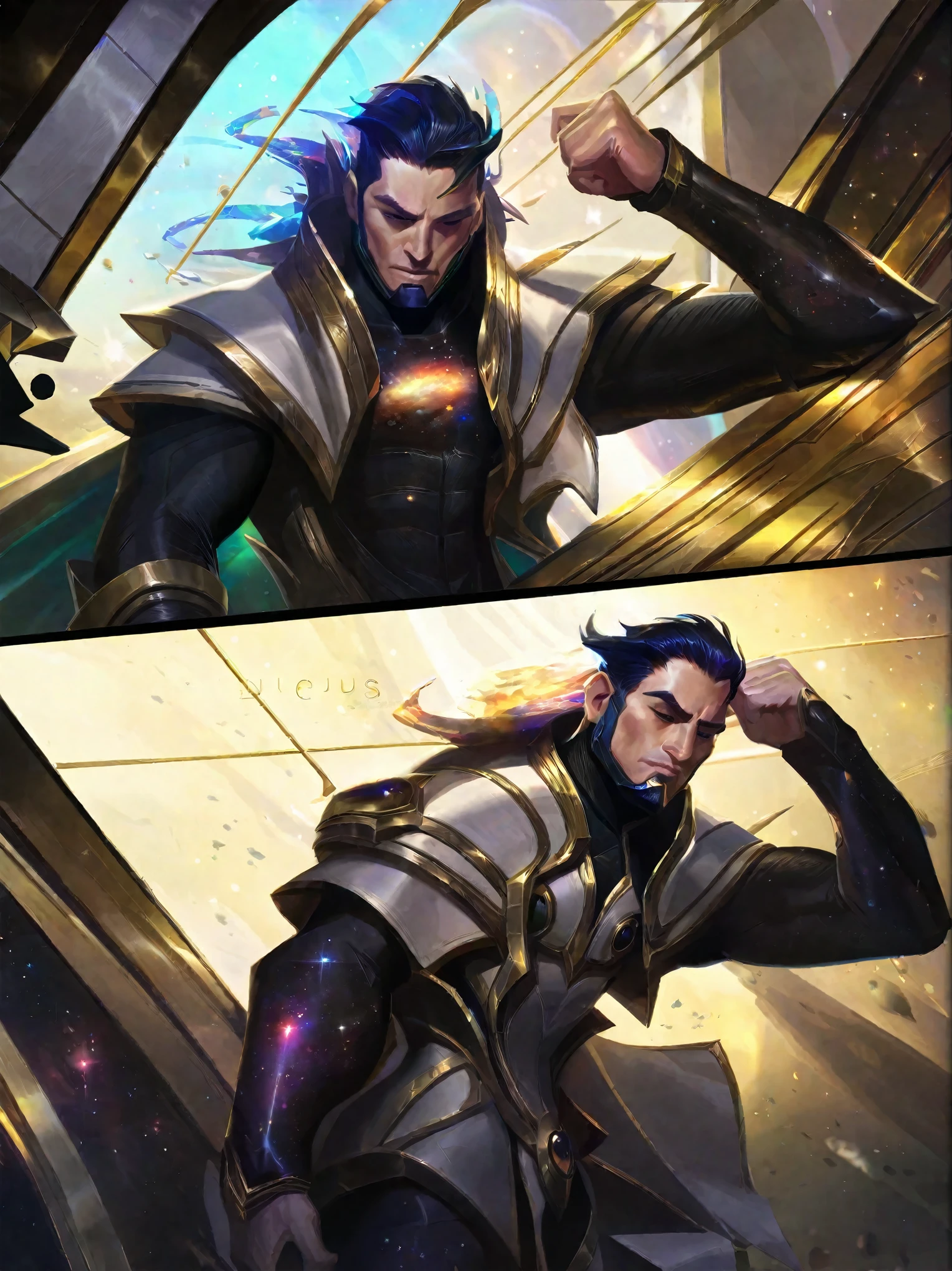 better aesthetics,lolsplashart,liga das lendas,body composed of galaxies,galaxy body,Deus como corpo,Corpo de Musclar,final boss,traje dourado,standing,fundo branco,galaxies rotating inside the body,cape