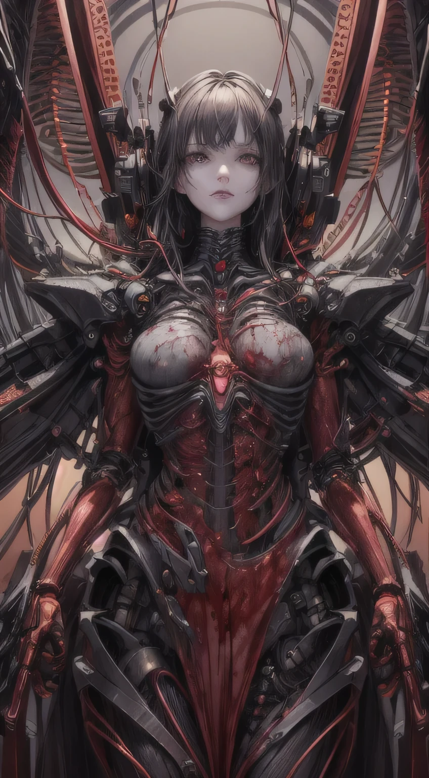 (((masterpiece))), ((highest quality)), (Super Detail), (CG illustration), (So evil and beautiful)), Cinematic Light, ((1. Mechanical Girl)), single, (Mechanical Arts: 1.4), ((Mechanical Limbs)), (Blood vessel attached to a tube), ((Mechanical spine attached to the back)), ((Mechanical cervical spine attached to the neck), (Back to viewers)), Expressionless, ( Wires and cables connected to the head and torso: 1.5), SF, Apocalypse, Remains, (Lower body integrated with mechanical device), (Blood: 1.5), Cruelty, Disorganized, eroticism, Integration with machines, The End Times, Super Future, inorganic, Research Room, Constraints, (Beautiful luxury: 1.2), (1 girl: 1.3), Body wrapped around the tentacles of the machine