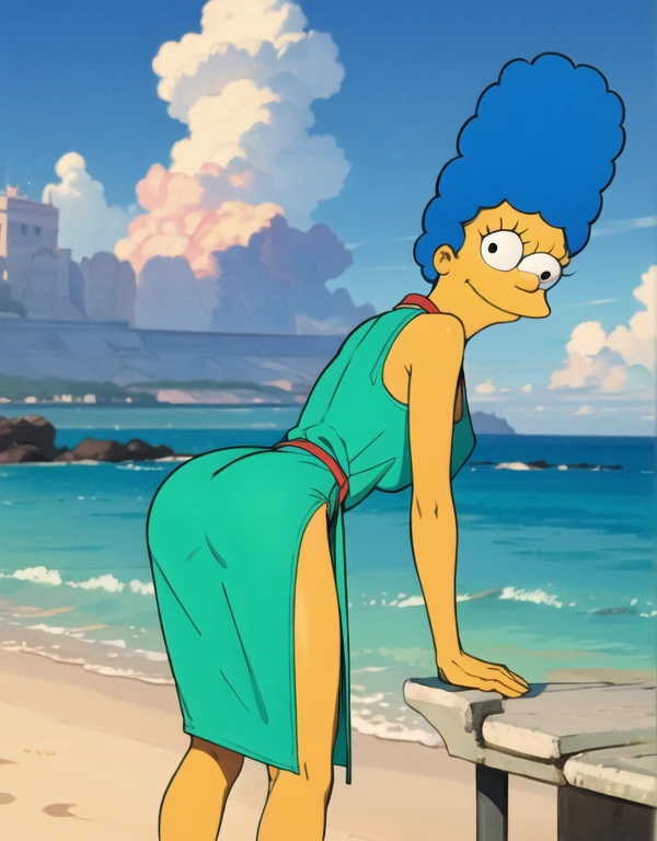 1girl, yellow skin, slim body, medium breasts, wide hips, blue hair, long voluminous hair, hands on hips, Marge Simpson, ocean, palms, sand, sun, clouds, smiling, red sandals, looking at viewer, solo, blue hair, standing, vector colors, close up, (green sleeveless dress:1.3), back view, panties lines, ass, standing doggystyle, bending over