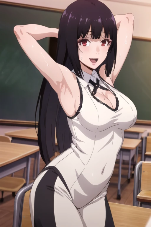 ((best quality)),((highly detailed)),masterpiece,absurdres,detailed face,beautiful face,(detailed eyes, deep eyes),1girl,((dynamic pose)), jabami yumeko, purple hair, long hair, solo, red eyes, open mouth, bow, large breasts, chalkboard, classroom, cowboy shot, school, indoors,desk, seductive smile, looking at viewer, wearing white tanktop, put your hands behind your head, armpits, armpits visible, sweaty armpits,