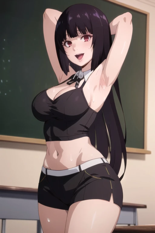 ((best quality)),((highly detailed)),masterpiece,absurdres,detailed face,beautiful face,(detailed eyes, deep eyes),1girl,((dynamic pose)), jabami yumeko, purple hair, long hair, solo, red eyes, open mouth, bow, large breasts, chalkboard, classroom, cowboy shot, school, indoors,desk, seductive smile, looking at viewer, wearing white tanktop, put your hands behind your head, armpits, armpits visible, sweaty armpits,