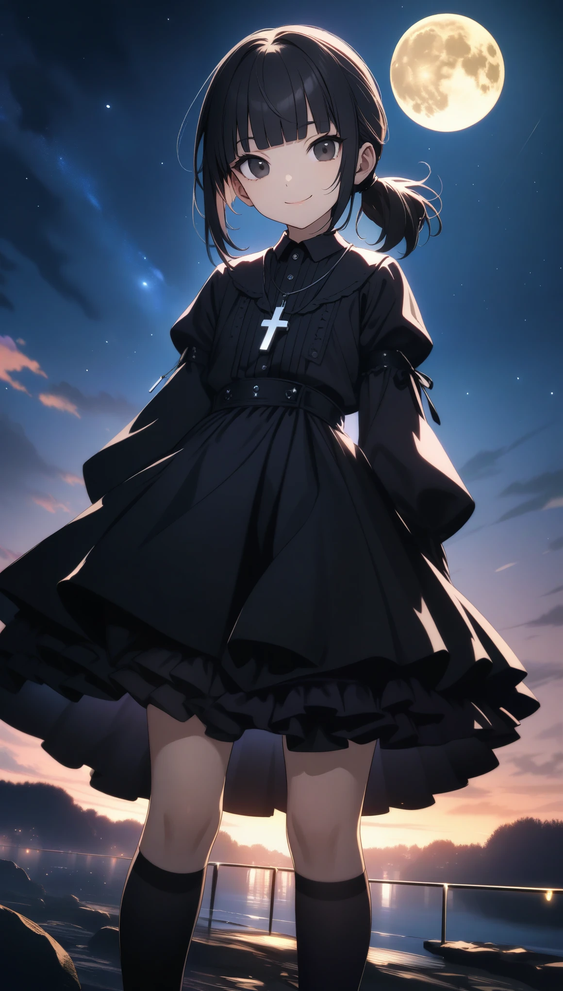 32k, best quality, ultra high res, HDR, UHD, extremely detailed CG, unity 32k wallpaper, (((hight quality))), (((high-level image quality))), (((smile))), (((Black gothic ta))), (((full moon))), (((hight quality starry sky background))), (((Black hair))), (((short ponytail))), (((Black eyes))), (((16 y (((Black over knee socks))), (((blunt bangs))), (((cross necklace))),
