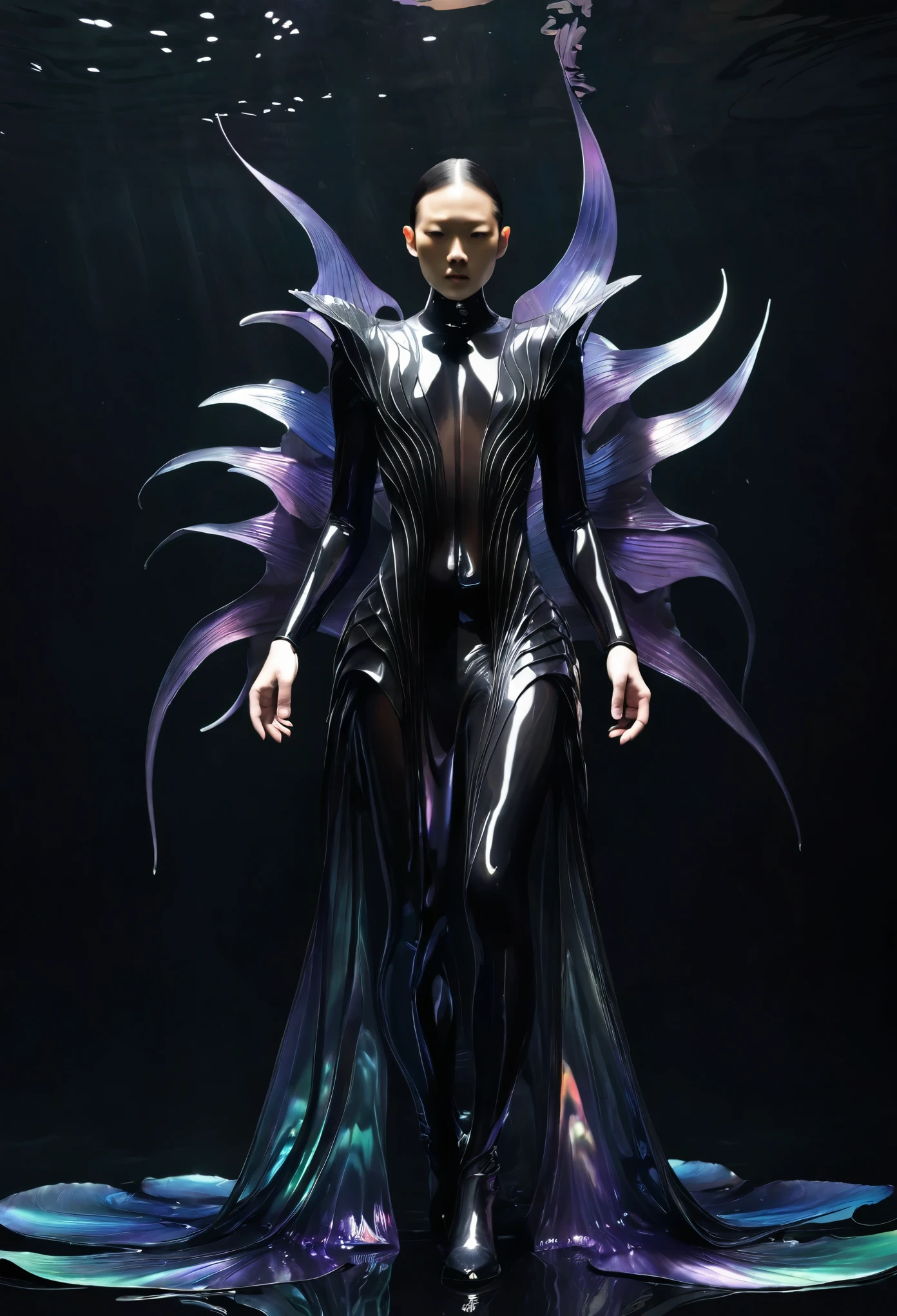 Aisian man from underwater, iris van Herpen, sleek, fins, gills, darkness, iridescent, full length view,Xill