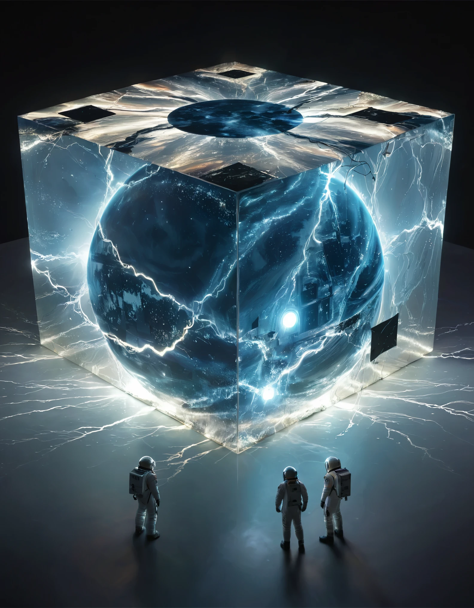 two astronauts investigating a massive cube on an alien planet. The cube is hyper reflective and each face reflects a unique planetary biome. The top of the cube is crackling with electricity reaching toward a star for power, vivid clear, ultra high-resolution