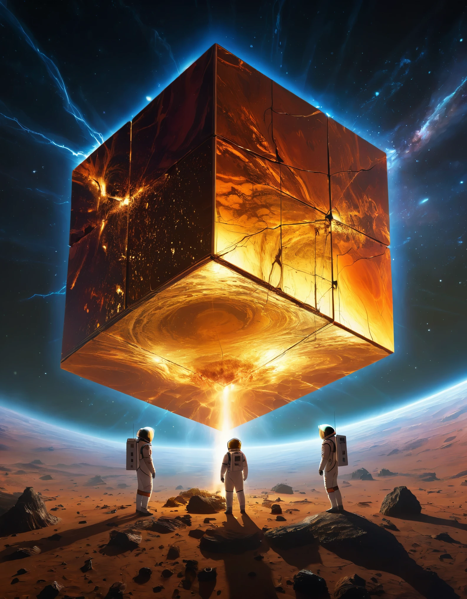 two astronauts investigating a massive cube on an alien planet. The cube is hyper reflective and each face reflects a unique planetary biome. The top of the cube is crackling with electricity reaching toward a star for power, vivid clear, ultra high-resolution