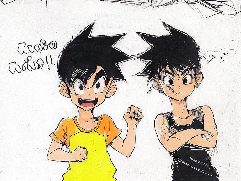 drawing of two young people with their arms crossed, estilo akira toriyama, inspirado em Akira Toriyama, dragon ball style, hajime no ippo manga inspirado, anime cel shaded, no estilo anime, Estilo de anime dos anos 90, Estilo anime dos anos 90, Estilo anime dos anos 80, anime style, in manga style