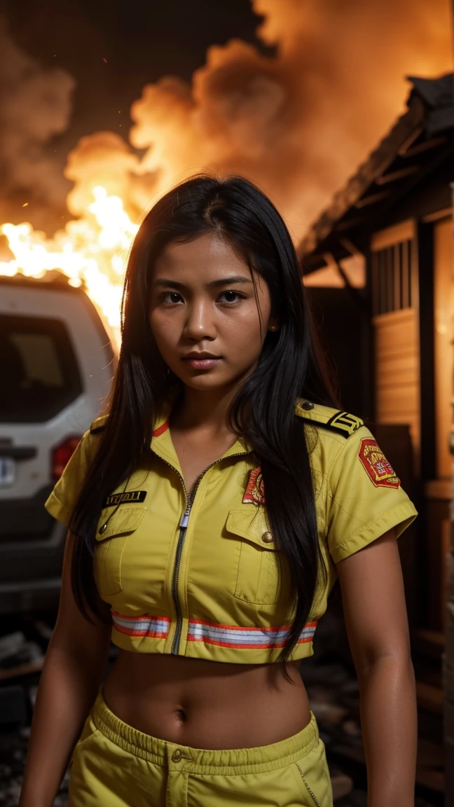 Gorgeous woman, twenty five years old, Indonesian, she is a fire fighter. she is brave and strong saving a casualties from a burning fire at the house