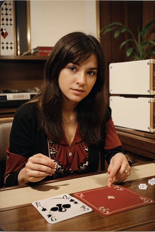 Imagine a packaging of a playing card game of musique learning in the style of 70's 