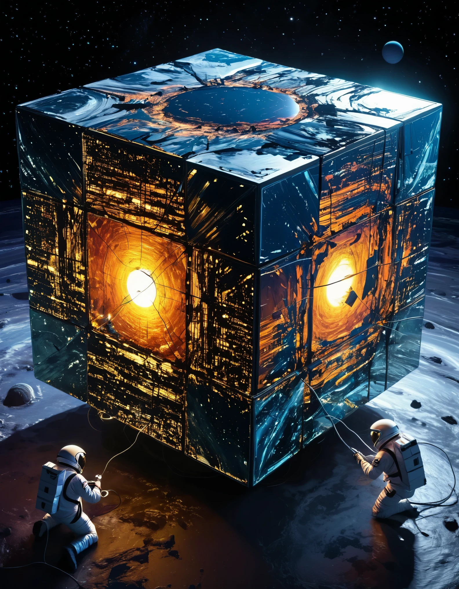 two astronauts investigating a massive cube on an alien planet. The cube is hyper reflective and each face reflects a unique planetary biome. The top of the cube is crackling with electricity reaching toward a star for power, vivid clear, ultra high-resolution