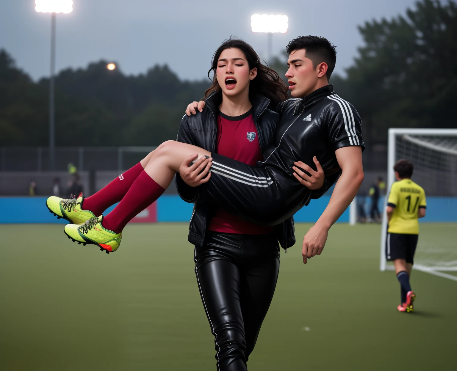 a screaming girl in a laquered and very shiny quilted coat carries a man, a woman carries a man, a woman carries a male soccer player in her arms, rainy weather, rainfall, humid, girl carries guy, lift and carry, an excessively madeup latino-girl in a high-shine wet black latex downcoat, a soccer scene, very matte cotton soccer sportswear on a well shaped male body, a soccer injury, first aid carry at a soccer match, a young madeup latino-girl in a shiny black vinyl downjacket, a madeup latino-girl in a shiny plastic-downcoat, a very sad and desperately crying latino-girl, an intensely madeup latino-girl in a glossy black vinyl-downcoat, latino-girl with lipstick, latino-girl with smoky eyes, dramatic action pose, woman that is carrying a skinny shorthaired man, there is a beautiful woman in a shiny coat who is carrying a shorthaired blond man in her arms, a longhaired beautiful woman in a high-shine black puffy coat, a longhaired woman in a shiny downcoat, a woman is carrying a shorthaired man who is wearing black shorts, a weak shorthaired man in black shorts is consciousless and needs to be carried, a shorthaired man with closed eyes is carried in the arms of a longhaired latino-woman, a latino-woman looks very scared and terrified, a consciousless shorthaired man with closed eyes is suffering very much and has a very painful face, photo, photo shoot, photographed, arafed man being carried by a woman, very realistic, very very realistic, hyper-realistic, hyper - realistic, hyper realistic, jacket over bare torso, very disturbing, very hyperrealistic, super realistic, hyperrealistic!, extremely realistic, very very very realistic, super-realistic realistic, super-realistictic!, extremely realistic, very very very realistic, super-realistic realistic, super-realistic
