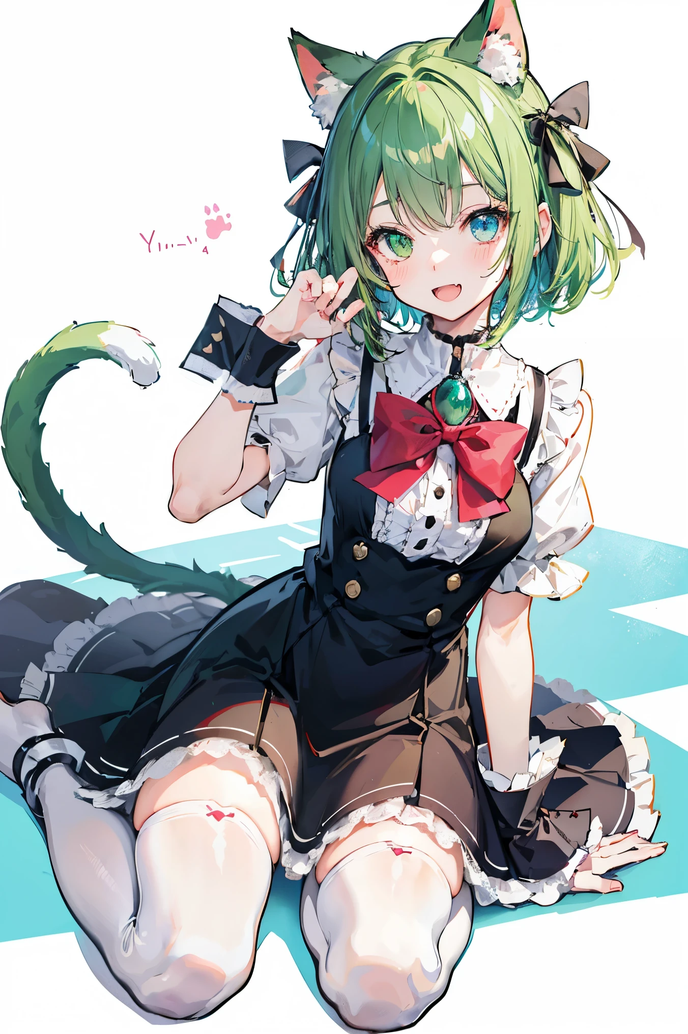 , 1girl, takagaki kaede, animal ears, solo, tail, heterochromia, cat tail, cat ears, mole, thighhighs, mole under eye, green eyes, blue eyes, smile, wariza, looking at viewer, sitting, open mouth, dress, tail ornament, simple background, black dress, short hair, paw pose, green hair, bangs, grey thighhighs, :d, fang, short sleeves, cat girl, white background, blush, animal ear fluff, tail ribbon, jewelry, brooch, ribbon, signature, medium hair, kemonomimi mode, hand between legs, red ribbon, wrist cuffs