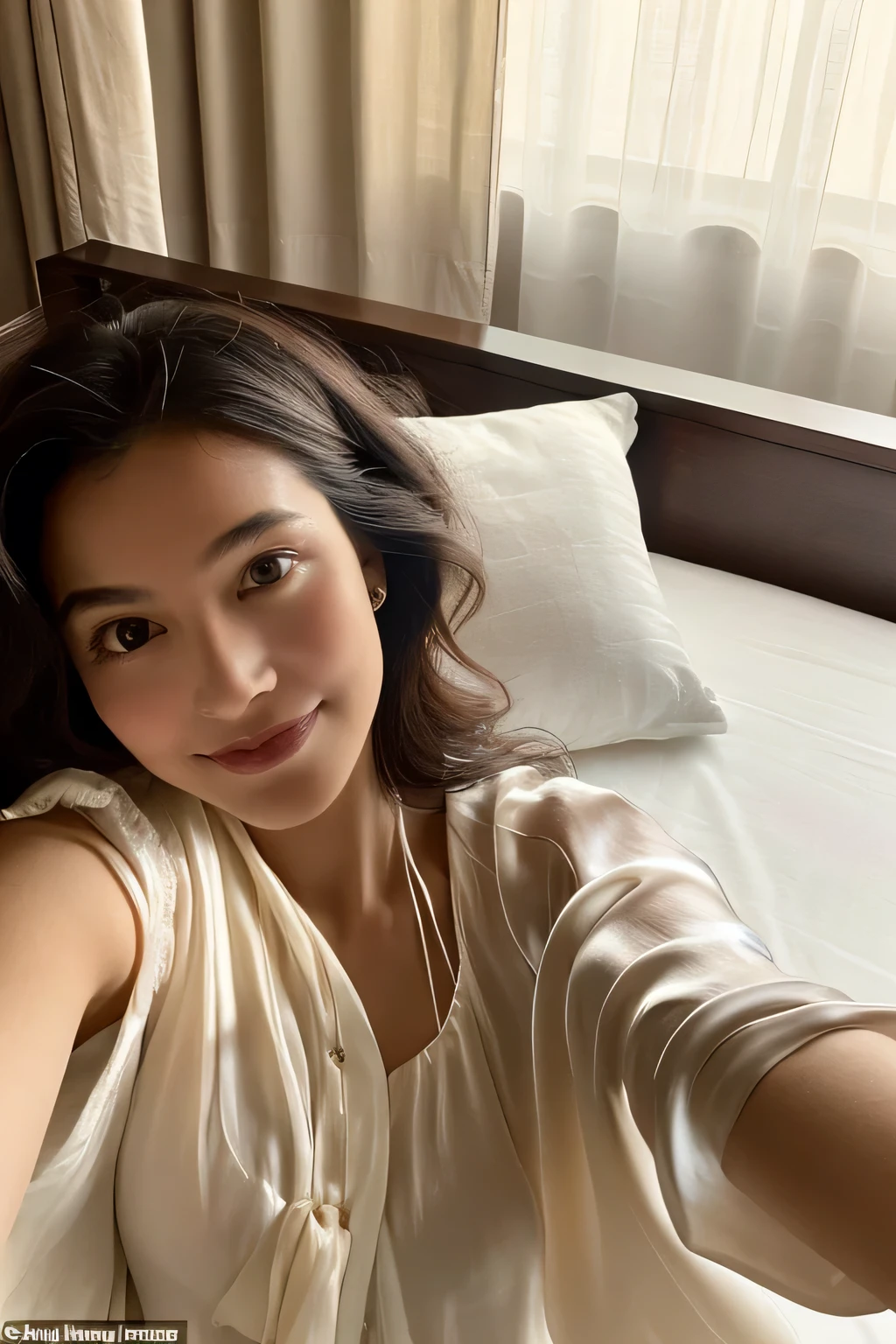 A woman, nestled in the plush, white linens of her hotel bed, captures a serene (selfie:1.8) just after waking up. She’s wearing a soft, silk nightgown, with the morning light filtering through sheer curtains behind her. Her expression is peaceful, with a subtle smile, embodying a relaxed start to the day. The opulent headboard and the fluffy pillows frame her, highlighting the luxury of her surroundings