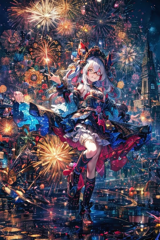 ((Fireworks Master)),Fireworks are the main focus,Fireworks display beyond imagination,An innocent smile、Glasses、never seen、Seven Colors,(One Girl, alone:1.6),(Cute Smile),(Her attire is simple), (Highest Impact:1.5), (Maximalism:1.7), Vivid contrast, (Realistic), 超Realisticなイラスト, High resolution, Ultra-detailed, Absurd,(Fractal Art:1.3)、Random Hairstyles、Random Hair Color Colorful、Full Body Shot、Retro、Accurate focus、Random pose、Cinema 4D、Drama