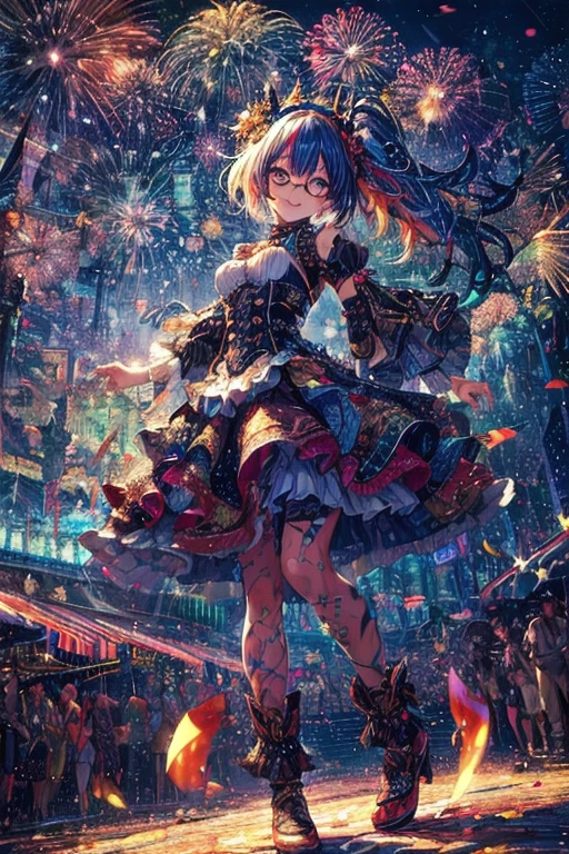 ((Fireworks Master)),Fireworks are the main focus,Fireworks display beyond imagination,An innocent smile、Glasses、never seen、Seven Colors,(One Girl, alone:1.6),(Cute Smile),(Her attire is simple), (Highest Impact:1.5), (Maximalism:1.7), Vivid contrast, (Realistic), 超Realisticなイラスト, High resolution, Ultra-detailed, Absurd,(Fractal Art:1.3)、Random Hairstyles、Random Hair Color Colorful、Full Body Shot、Retro、Accurate focus、Random pose、Cinema 4D、Drama